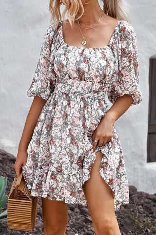 Shop Tied Printed Square Neck Half Sleeve Dress Now On Klozey Store - Trendy U.S. Premium Women Apparel & Accessories And Be Up-To-Fashion!