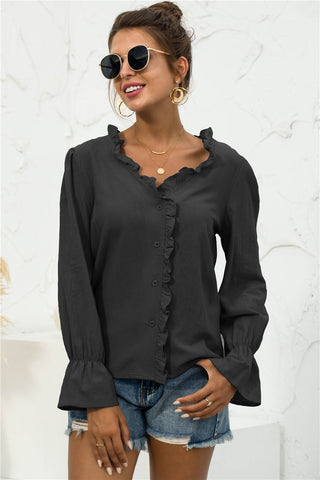 Shop Frill Trim V-Neck Flounce Sleeve Shirt Now On Klozey Store - Trendy U.S. Premium Women Apparel & Accessories And Be Up-To-Fashion!