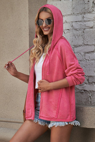 Shop Exposed Seam Drawstring Hooded Jacket with Pockets Now On Klozey Store - Trendy U.S. Premium Women Apparel & Accessories And Be Up-To-Fashion!