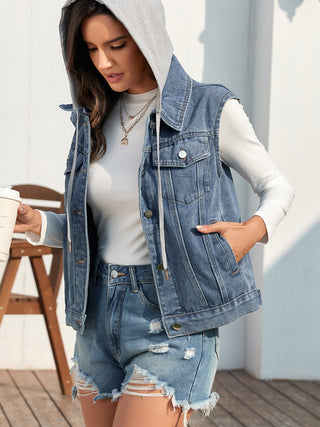 Shop Pocketed Button Up Hooded Denim Jacket Now On Klozey Store - Trendy U.S. Premium Women Apparel & Accessories And Be Up-To-Fashion!