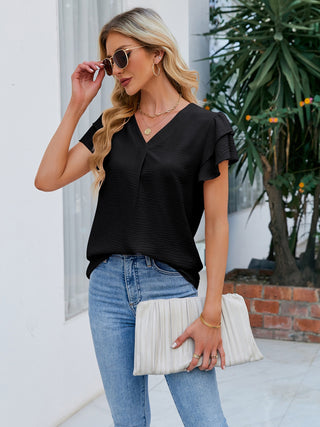 Shop V-Neck Flounce Sleeve Blouse Now On Klozey Store - Trendy U.S. Premium Women Apparel & Accessories And Be Up-To-Fashion!