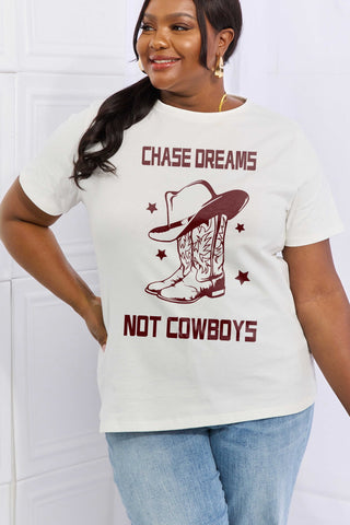 Shop Simply Love Full Size CHASE DREAMS NOT COWBOYS Graphic Cotton Tee Now On Klozey Store - Trendy U.S. Premium Women Apparel & Accessories And Be Up-To-Fashion!