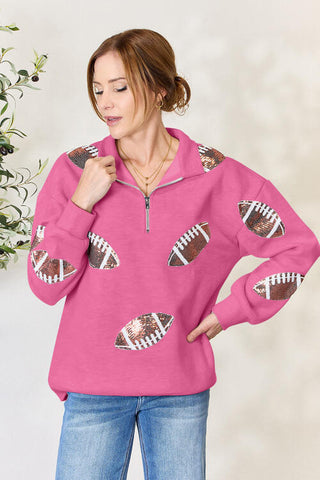 Shop Double Take Full Size Sequin Football Half Zip Long Sleeve Sweatshirt Now On Klozey Store - Trendy U.S. Premium Women Apparel & Accessories And Be Up-To-Fashion!