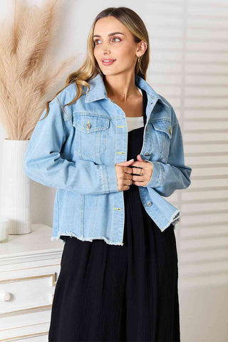 Shop Double Take Dropped Shoulder Raw Hem Denim Jacket Now On Klozey Store - Trendy U.S. Premium Women Apparel & Accessories And Be Up-To-Fashion!