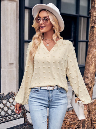 Shop Swiss Dot Notched Neck Long Sleeve Blouse Now On Klozey Store - Trendy U.S. Premium Women Apparel & Accessories And Be Up-To-Fashion!