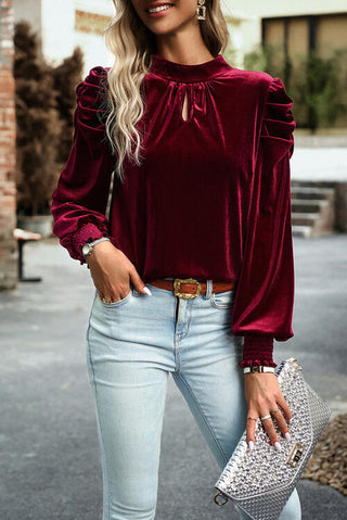 Shop Tie Up Mock Neck Velvet Fabric Long Sleeve Blouse Now On Klozey Store - Trendy U.S. Premium Women Apparel & Accessories And Be Up-To-Fashion!