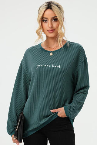 Shop YOU ARE LOVED Graphic Dropped Shoulder Corduroy Sweatshirt Now On Klozey Store - Trendy U.S. Premium Women Apparel & Accessories And Be Up-To-Fashion!