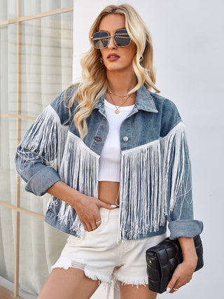 Shop Tassel Button Up Dropped Shoulder Denim Jacket Now On Klozey Store - Trendy U.S. Premium Women Apparel & Accessories And Be Up-To-Fashion!