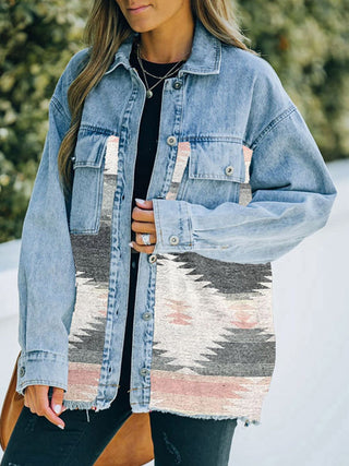 Shop Collared Neck Dropped Shoulder Denim Jacket Now On Klozey Store - Trendy U.S. Premium Women Apparel & Accessories And Be Up-To-Fashion!