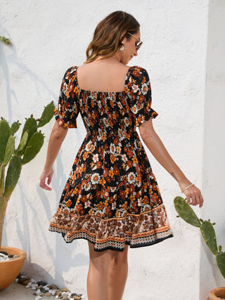 Shop Printed Square Neck Short Sleeve Dress Now On Klozey Store - Trendy U.S. Premium Women Apparel & Accessories And Be Up-To-Fashion!