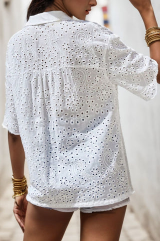 Shop Eyelet Button Up Half Sleeve Shirt Now On Klozey Store - Trendy U.S. Premium Women Apparel & Accessories And Be Up-To-Fashion!