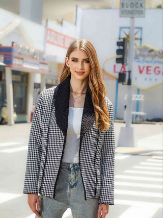 Shop Houndstooth Open Front Long Sleeve Jacket Now On Klozey Store - Trendy U.S. Premium Women Apparel & Accessories And Be Up-To-Fashion!