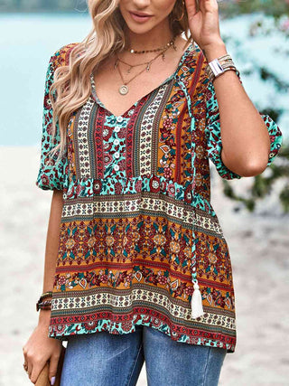 Shop Bohemian Tie Neck Babydoll Blouse Now On Klozey Store - Trendy U.S. Premium Women Apparel & Accessories And Be Up-To-Fashion!