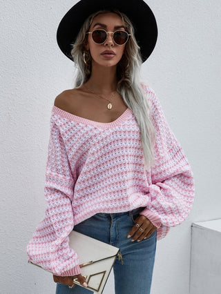 Shop Striped Drop Shoulder V-Neck Pullover Sweater Now On Klozey Store - Trendy U.S. Premium Women Apparel & Accessories And Be Up-To-Fashion!