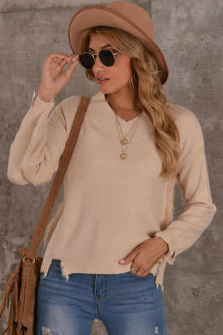 Shop Frayed Trim V-Neck Sweater Now On Klozey Store - Trendy U.S. Premium Women Apparel & Accessories And Be Up-To-Fashion!