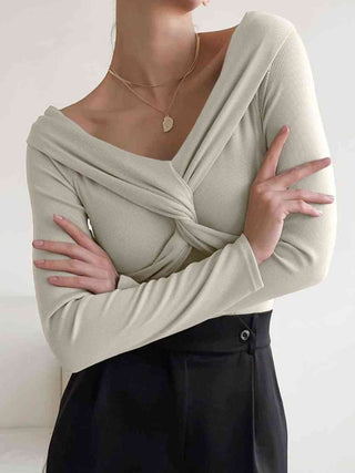 Shop V-Neck Twisted Long Sleeve Knit Top Now On Klozey Store - Trendy U.S. Premium Women Apparel & Accessories And Be Up-To-Fashion!