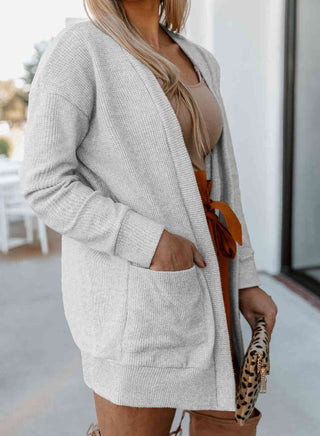Shop Plus Size Ribbed Open Front Long Sleeve Cardigan with Pockets Now On Klozey Store - Trendy U.S. Premium Women Apparel & Accessories And Be Up-To-Fashion!