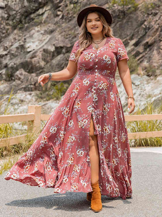 Shop Plus Size Floral Slit Ruffle Hem Dress Now On Klozey Store - Trendy U.S. Premium Women Apparel & Accessories And Be Up-To-Fashion!