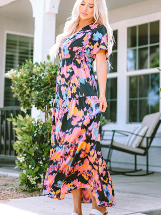 Shop Printed V-Neck Short Sleeve Maxi Dress Now On Klozey Store - Trendy U.S. Premium Women Apparel & Accessories And Be Up-To-Fashion!
