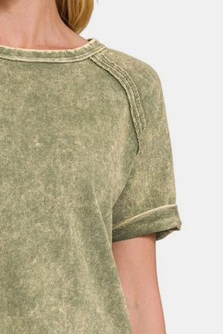 Shop Zenana Heathered Round Neck Short Sleeve Blouse Now On Klozey Store - Trendy U.S. Premium Women Apparel & Accessories And Be Up-To-Fashion!