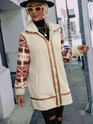 Shop Geometric Zip-Up Collared Sherpa Jacket Now On Klozey Store - Trendy U.S. Premium Women Apparel & Accessories And Be Up-To-Fashion!