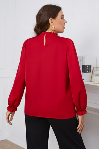 Shop Plus Size Frill Trim Flounce Sleeve Round Neck Blouse Now On Klozey Store - Trendy U.S. Premium Women Apparel & Accessories And Be Up-To-Fashion!