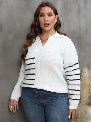 Shop Plus Size Striped V-Neck Sweater Now On Klozey Store - Trendy U.S. Premium Women Apparel & Accessories And Be Up-To-Fashion!