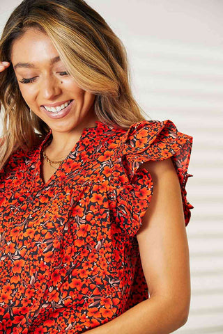 Shop Double Take Floral Flutter Sleeve Notched Neck Blouse Now On Klozey Store - Trendy U.S. Premium Women Apparel & Accessories And Be Up-To-Fashion!