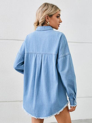 Shop Distressed Raw Hem Dropped Shoulder Denim Jacket Now On Klozey Store - Trendy U.S. Premium Women Apparel & Accessories And Be Up-To-Fashion!