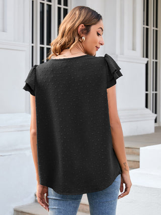 Shop Swiss Dot Layered Flutter Sleeve Shirt Now On Klozey Store - Trendy U.S. Premium Women Apparel & Accessories And Be Up-To-Fashion!