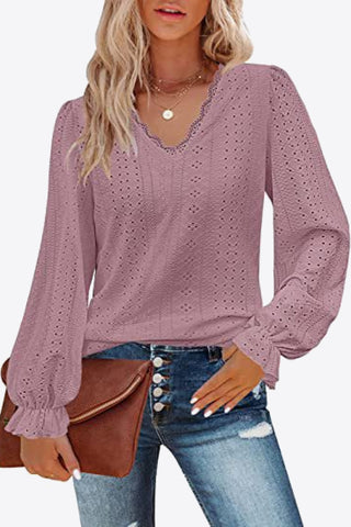 Shop Eyelet V-Neck Flounce Sleeve Blouse Now On Klozey Store - Trendy U.S. Premium Women Apparel & Accessories And Be Up-To-Fashion!