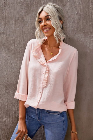 Shop Eyelet Ruffles Button Crinkled Shirt Now On Klozey Store - Trendy U.S. Premium Women Apparel & Accessories And Be Up-To-Fashion!