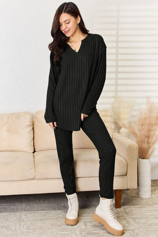 Shop Basic Bae Full Size Notched Long Sleeve Top and Pants Set Now On Klozey Store - Trendy U.S. Premium Women Apparel & Accessories And Be Up-To-Fashion!