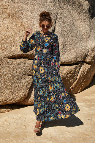 Shop Printed Tie Neck Long Sleeve Dress Now On Klozey Store - Trendy U.S. Premium Women Apparel & Accessories And Be Up-To-Fashion!