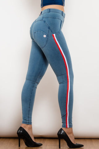 Shop Side Stripe Contrast Buttoned Skinny Jeans Now On Klozey Store - Trendy U.S. Premium Women Apparel & Accessories And Be Up-To-Fashion!