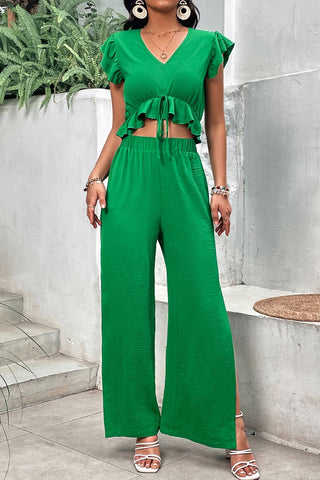 Shop V-Neck Ruffle Hem Top and Slit Pants Set Now On Klozey Store - Trendy U.S. Premium Women Apparel & Accessories And Be Up-To-Fashion!