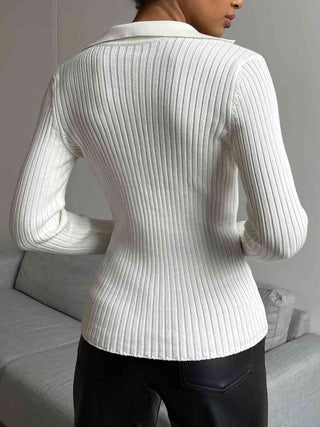 Shop Johnny Collar Rib-Knit Top Now On Klozey Store - Trendy U.S. Premium Women Apparel & Accessories And Be Up-To-Fashion!
