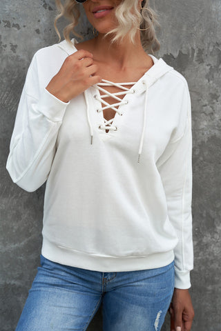 Shop Lace-Up Dropped Shoulder Hoodie Now On Klozey Store - Trendy U.S. Premium Women Apparel & Accessories And Be Up-To-Fashion!