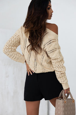 Shop Full Size Openwork Cable-Knit Round Neck Knit Top Now On Klozey Store - Trendy U.S. Premium Women Apparel & Accessories And Be Up-To-Fashion!