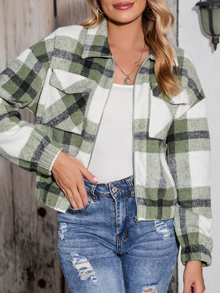 Shop Plaid Zip Up Dropped Shoulder Jacket Now On Klozey Store - Trendy U.S. Premium Women Apparel & Accessories And Be Up-To-Fashion!