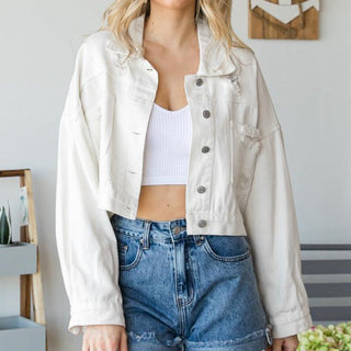 Shop Cropped Collared Neck Dropped Shoulder Denim Jacket Now On Klozey Store - Trendy U.S. Premium Women Apparel & Accessories And Be Up-To-Fashion!