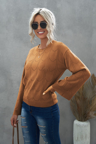 Shop Openwork Flare Sleeve Pullover Sweater Now On Klozey Store - Trendy U.S. Premium Women Apparel & Accessories And Be Up-To-Fashion!