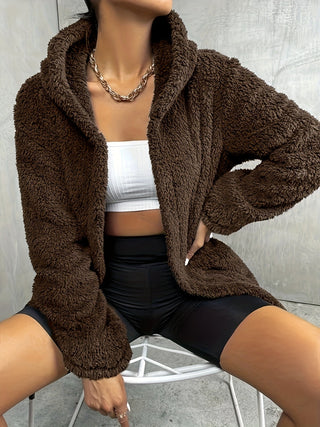 Shop Fuzzy Pocketed Open Front Hooded Jacket Now On Klozey Store - Trendy U.S. Premium Women Apparel & Accessories And Be Up-To-Fashion!