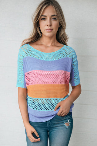 Shop Color Block Openwork Round Neck Pullover Sweater Now On Klozey Store - Trendy U.S. Premium Women Apparel & Accessories And Be Up-To-Fashion!