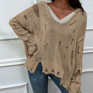 Shop Distressed Slit Drop Shoulder Hooded Sweater Now On Klozey Store - Trendy U.S. Premium Women Apparel & Accessories And Be Up-To-Fashion!
