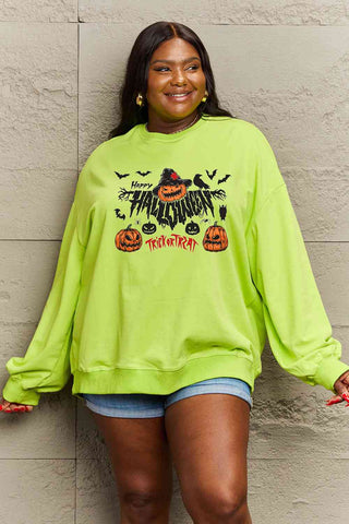 Shop Simply Love Full Size HAPPY HALLOWEEN TRICK OR TREAT Graphic Sweatshirt Now On Klozey Store - Trendy U.S. Premium Women Apparel & Accessories And Be Up-To-Fashion!
