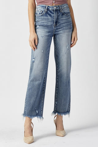 Shop RISEN High Waist Raw Hem Straight Jeans Now On Klozey Store - Trendy U.S. Premium Women Apparel & Accessories And Be Up-To-Fashion!