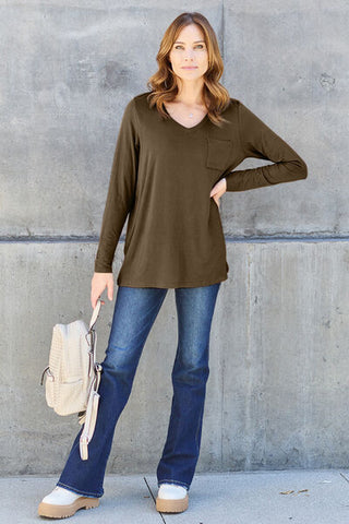 Shop Basic Bae Full Size V-Neck Long Sleeve Top Now On Klozey Store - Trendy U.S. Premium Women Apparel & Accessories And Be Up-To-Fashion!