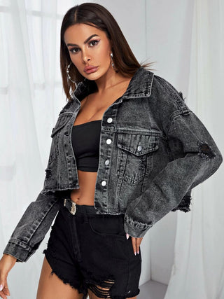 Shop Dropped Shoulder Collared Neck Denim Jacket Now On Klozey Store - Trendy U.S. Premium Women Apparel & Accessories And Be Up-To-Fashion!