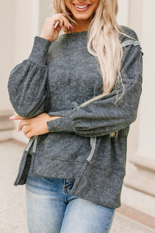 Shop Acid Wash Round Neck Seam Detail Slit Sweatshirt Now On Klozey Store - Trendy U.S. Premium Women Apparel & Accessories And Be Up-To-Fashion!